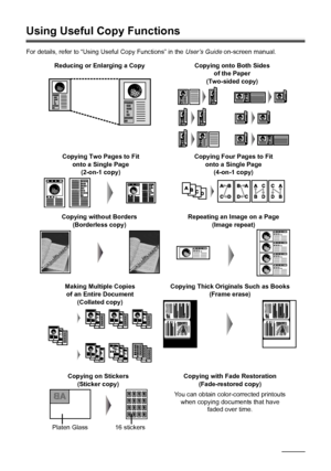 Page 4238Copying
Using Useful Copy Functions
For details, refer to “Using Useful Copy Functions” in the User’s Guide on-screen manual.
Reducing or Enlarging a Copy
Copying on Stickers 
(Sticker copy) Copying without Borders 
(Borderless copy)Repeating an Image on a Page 
(Image repeat)
Copying Thick Originals Such as Books 
(Frame erase)
Platen Glass 16 stickers
Copying Two Pages to Fit 
onto a Single Page 
(2-on-1 copy)Copying Four Pages to Fit 
onto a Single Page 
(4-on-1 copy)
Making Multiple Copies
of an...