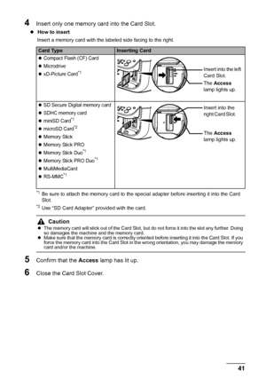 Page 4541 Printing from a Memory Card
4Insert only one memory card into the Card Slot.
z How to insert 
Insert a memory card with the labeled side facing to the right.
*1Be sure to attach the memory card to the special adapter before inserting it into the Card 
Slot.
*2Use “SD Card Adapter” provided with the card.
5Confirm that the Access lamp has lit up.
6Close the Card Slot Cover.
Card TypeInserting Card
zCompact Flash (CF) Card
zMicrodrive
zxD-Picture Card*1
zSD Secure Digital memory card
zSDHC memory card...