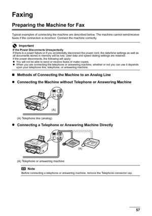 Page 6157 Faxing
Faxing
Preparing the Machine for Fax
Typical examples of connecting the machine are described below. The machine cannot send/receive 
faxes if the connection is incorrect. Connect the machine correctly.
„Methods of Connecting the Machine to an Analog Line
zConnecting the Machine without Telephone or Answering Machine
(A) Telephone line (analog)
zConnecting a Telephone or Answering Machine Directly
(A) Telephone or answering machine
Important
If the Power Disconnects Unexpectedly
If there is a...