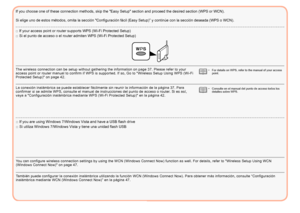 Page 4038
La conexión inalámbrica se puede establecer fácilmente sin reunir la información de la página 37. Para 
confirmar si se admite WPS, consulte el manual de instrucciones del punto de acceso o router. Si es así, 
vaya a "Configuración inalámbrica mediante WPS (Wi-Fi Protected Setup)" en la página 42. Consulte en el manual del punto de acceso todos los 
detalles sobre WPS. 
•
Si elige uno de estos métodos, omita la sección "Configuración fácil (Easy Setup)” y continúe con la sección deseada...