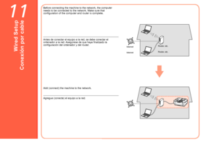 Page 5611

Antes de conectar el equipo a la red, se debe conectar el 
ordenador a la red. Asegúrese de que haya finalizado la 
configuración del ordenador y del router.
InternetRouter, etc.
Agregue (conecte) el equipo a la red.
Conexión por cable
Before connecting the machine to the network, the computer 
needs to be connected to the network. Make sure that 
configuration of the computer and router is complete.
Add (connect) the machine to the network.
InternetRouter, etc.
Wired Setup
 