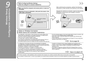 Page 339

Antes de configurar la conexión inalámbrica
Después de confirmar la conexión, siga las instrucciones 
detalladas a continuación para agregar (conectar) 
el  equipo a la red.
Configuración inalámbrica
No se admite la “conexión ad-hoc”, es decir, la que establece una conexión directa al ordenador a través de una conexión inalámbrica sin utilizar un punto de acceso.
Internet Punto de acceso o router 
inalámbrico, etc.
Asegúrese de que el ordenador y del punto de acceso o del 
router están...