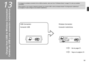 Page 5313

Cambio de USB a una conexión inalámbrica
Para cambiar a una conexión inalámbrica desde una conexión USB, vuelva a empezar desde “9 Configuración inalámbrica” 
en la página 31 para configurar una conexión inalámbrica.
Conexión USBConexión inalámbrica
Vaya a la página 31.
Change from USB to Wireless Connection
To change to a wireless connection from a USB connection, start over from “9 Wireless Setup” on page 31 to set up a wireless 
connection.
USB Connection Wireless Connection
Go to page...