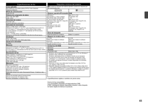 Page 67
Especificaciones de fax
Línea aplicableRed telefónica conmutada pública (PSTN, Public Switched 
Telephone Network)
Modo de comunicaciónSuper G3, G3Sistema de compresión de datosNegro: MH, MR, MMR
Color: JPEG
Velocidad del módem33,6 kbps máx.
(Sistema alternativo automático)
Velocidad de transmisiónNegro: 3 s/pág. aprox. a 33,6 Kbps
(Basado en el cuadro n.º 1 de ITU-T para especificaciones de EE UU 
y en el cuadro n.º 1 del estándar de Canon para el resto, ambos 
en modo estándar o el cuadro...