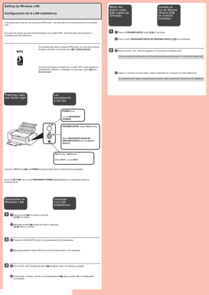 Page 2
WPS
1
2
3
1
2
L u z 
p a r p a d e a n t e 
y l u z   f i j a
Si el punto de acceso que está utilizando dispone de un botón WPS,\
 utilice ese botón para conectar la 
impresora a la LAN inalámbrica.
Si el punto de acceso no dispone de un botón WPS, puede realizar la 
configuración mediante un ordenador. En este caso, vaya a  de la 
Guía de inicio.
Luz de ENCENDIDO 
(POWER)
La luz de Wi-Fi  y de la luz de ENCENDIDO (POWER)  parpadeará y se volverá fija durante el 
funcionamiento.
C o n e x i ó n 
a   l a...