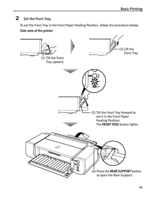 Page 15Basic Printing
11
2Set the Front Tray.
To set the Front Tray in the Front Paper Feeding Position, follow the procedure below.
Side view of the printer
(3) Tilt the Front Tray forward to 
set it in the Front Paper 
Feeding Position.
The FRONT FEED button lights.
(1) Tilt the Front 
Tray upward.(2) Lift the 
Front Tray.
(4) Press the REAR SUPPORT button 
to open the Rear Support.
 