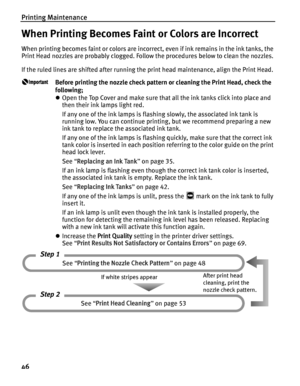 Page 50Printing Maintenance
46
When Printing Becomes Faint or Colors are Incorrect
When printing becomes faint or colors are incorrect, even if ink remains in the ink tanks, the 
Print Head nozzles are probably clogged. Foll ow the procedures below to clean the nozzles.
If the ruled lines are shifted after running the print head maintenance, align the Print Head.
Before printing the nozzle check pattern or cleaning the Print Head, check the 
following;
z Open the Top Cover and make sure that all the ink tanks...