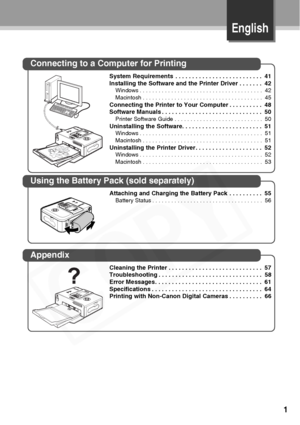 Page 3
English
1
Connecting to a Computer for Printing
System Requirements  . . . . . . . . . . . . . . . . . . . . . . . . . .  41
Installing the Software and the Printer Driver . . . . . . .  42
Windows . . . . . . . . . . . . . . . . . . . . . . . . . . . . . . . . . . . . . . .  42
Macintosh . . . . . . . . . . . . . . . . . . . . . . . . . . . . . . . . . . . . . .  45
Connecting the Printer to Your Computer . . . . . . . . . .  48
Software Manuals . . . . . . . . . . . . . . . . . . . . . . . . . . . . ....