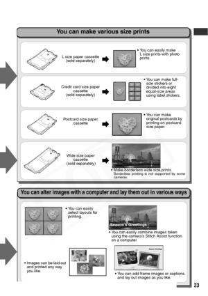 Page 25
23
L size paper cassette(sold separately)
Credit card size paper  cassette
(sold separately)
Postcard size paper  cassette
Wide size paper  cassette
 (sold separately)
• You can easily make 
L size prints with photo 
prints.
You can make full-
size stickers or 
divided into eight 
equal-size areas 
using label stickers.
 Make borderless wide size prints.
Borderless printing is not supported by some
cameras.
You can make 
original postcards by 
printing on postcard 
size paper.
You can easily 
select...