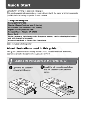 Page 4
2
Quick Start
Let’s start by printing on postcard size paper.
This section explains the procedures required to print with the paper and the ink cassette  
(trial kit) included with your printer from a camera.
 : Included with the printer
About illustrations used in this guide
This guide uses illustrations mainly for the CP710. Unless otherwise mentioned, 
operations are also the same when using the CP510.
Things to Prepare  
Printer (CP710/CP510)
Standard Paper (Postcard size, 5 sheets)
Ink Cassette...