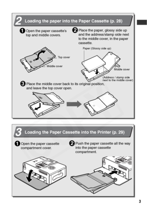 Page 5
3
  
Open the paper cassette’s 
top and middle covers.1Place the paper, glossy side up 
and the address/stamp side next 
to the middle cover, in the paper 
cassette.2
Place the middle cover back to its original position, 
and leave the top cover open.3
2Loading the paper into the Paper Cassette (p. 28)
Top cover
Middle cover
Paper (Glossy side up)
Middle cover
(Address / stamp side 
next to the middle cover)
3Loading the Paper Cassette into the Printer (p. 29)
Open the paper cassette 
compartment...