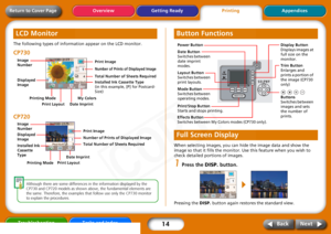 Page 14
14
Getting ReadyPrintingAppendices
Overview
Troubleshooting Tasks and Index
Next
Back
Return to Cover PageThe following types of information appear on the LCD monitor.CP730
CP720
Although  there  are  some  differences  in  the  information  displayed  by  the  
CP730  and  CP720  models  as  shown  above,  the  fundamental  elements  are  
the  same.  Therefore,  the  examples  that  follow  use  only  the  CP730  monitor  
to  explain  the  procedures.  
When selecting images, you can hide the image...