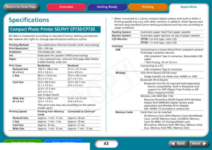 Page 43
43
Getting Ready PrintingAppendices
Overview
Troubleshooting Tasks and Index
Next
Back
Return to Cover PageSpecificationsAll data is measured according to standard Canon testing procedures. 
We reserve the right to change specifications without notice. 
* When connected to a Canon compact digital camera with built-in DIGIC II. 
Printing speeds may vary with other ca meras. In addition, these figures were 
derived using standard Canon testing procedures and may vary according to 
usage conditions....