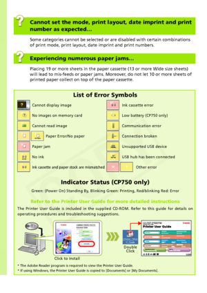 Page 14
14
Experiencing numerous paper jams…
Placing 19 or more sheets in the paper cassette (13 or more Wide size sheets) 
will lead to mis-feeds or paper jams. Mo reover, do not let 10 or more sheets of 
printed paper collect on top of the paper cassette.
List of Error Symbols
Cannot display image Ink cassette error
No images on memory card Low battery (CP750 only)
Cannot read image Communication error
    Paper Error/No paper Connection broken Paper jam Unsupported USB device
No ink USB hub has been...