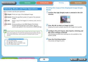 Page 1515
Getting ReadyPrintingAppendices Overview
Troubleshooting Tasks and Index
Next Back
Return to Cover Page
Select a mode to set the print operation.
SELPHY printers use the shooting data recorded when the image is shot to 
print a finer quality print. To switch this special processing function off, press 
and hold the Date button while pressing the Print/Stop button to start 
printing. 
Printing One Copy of the Displayed Image (Single 
Mode)
1Confirm that   (Single) mode is selected in the LCD 
monitor....