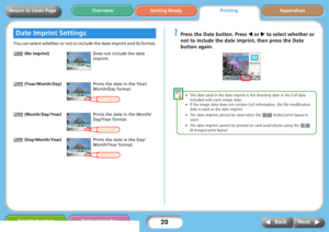 Page 2020
Getting ReadyPrintingAppendices Overview
Troubleshooting Tasks and Index
Next Back
Return to Cover Page
You can select whether or not to include the date imprint and its format.
 (No Imprint)
 (Year/Month/Day)
 (Month/Day/Year)
 (Day/Month/Year)
1Press the Date button. Press W or X to select whether or 
not to include the date imprint, then press the Date 
button again. 
• The date used in the date imprint is the shooting date in the Exif data 
included with each image data.
• If the image data does...