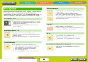 Page 4747
Appendices
TroubleshootingTasks and Index
Next Back
Return to Cover PageGetting Ready Printing Overview
When the printer encounters some kind of problem, a symbol appears 
in the LCD monitor to indicate the error type. Take the action 
recommended for the error symbol. Error messages will also display in a 
camera’s LCD monitor when the camera is connected to the printer. 
• The image thumbnail (a tiny image included for checking the 
image) may not be included with the image data. In this case, 
the...