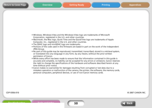 Page 5050
Getting Ready Printing Appendices Overview
Troubleshooting Tasks and Index
Back
Return to Cover Page
• Windows, Windows Vista and the Windows Vista logo are trademarks of Microsoft 
Corporation, registered in the U.S. and other countries.
• Macintosh, the Mac logo, Quick Time and the QuickTime logo are trademarks of Apple 
Computer, Inc., registered in the U.S. and other countries.
• The SDHC logo and miniSDHC logo are trademarks.
• Portions of the code used in this firmware are based in part on the...