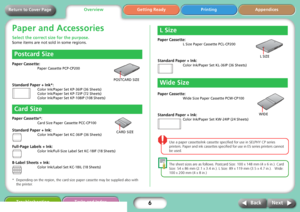 Page 66
Getting Ready Printing Appendices Overview
Troubleshooting Tasks and Index
Next Back
Return to Cover Page
Paper and Accessories
Select the correct size for the purpose.
Some items are not sold in some regions.
Paper Cassette: 
Paper Cassette PCP-CP200
Standard Paper + Ink*:
Color Ink/Paper Set KP-36IP (36 Sheets)
Color Ink/Paper Set KP-72IP (72 Sheets)
Color Ink/Paper Set KP-108IP (108 Sheets)
Paper Cassette*: 
Card Size Paper Cassette PCC-CP100
Standard Paper + Ink:
Color Ink/Paper Set KC-36IP (36...