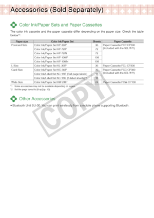 Page 20
0

Accessories (Sold Separately)
 Color Ink/Paper Sets and Paper Cassettes
The  color  ink  cassette  and  the  paper  cassette  differ  depending  on  the  paper  size.  Check  the  table below*1.
Paper sizeColor Ink/Paper SetSheetsPaper CassettePostcard SizeColor Ink/Paper Set KP-36IP36Paper Cassette PCP-CP300(Included with the SELPHY)Color Ink/Paper Set KP-72IP72
Color Ink/Paper Set KP-72IN72
Color Ink/Paper Set KP-108IP108
Color Ink/Paper Set KP-108IN108
L SizeColor Ink/Paper Set KL-36IP36Paper...
