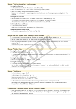Page 24
4

Cannot Print (continued from previous page)
Printing from CamerasIs the printer connected to the camera correctly? (p.15)Does the firmware of the Canon-brand camera support the printer?Does the camera battery have sufficient charge?Replace the battery with a fully charged (or new) battery, or use the compact power adapter for the camera.
•••
Printing from ComputersDid you install the printer driver according to the correct procedures? (p. 18)Is the printer connected directly to a port on the...