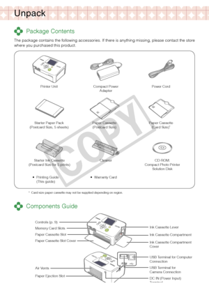 Page 4
4

Unpack
 Package Contents
The package contains the following accessories. If there is anything missing, please contact the store where you purchased this product.
Printer UnitPower Cord
Starter Ink Cassette (Postcard Size for 5 prints)CD-ROM:Compact Photo Printer  Solution Disk
 Components Guide
Controls (p. 9)
Memory Card Slots
Air Vents
Paper Ejection Slot
Ink Cassette Compartment
Ink Cassette Lever
Paper Cassette Slot
Ink Cassette Compartment Cover
Paper Cassette Slot Cover
USB Terminal for Camera...