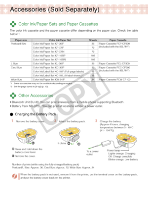 Page 20
0

Accessories (Sold Separately)
 Color Ink/Paper Sets and Paper Cassettes
The  color  ink  cassette  and  the  paper  cassette  differ  depending  on  the  paper  size.  Check  the  table below*1.
Paper sizeColor Ink/Paper SetSheetsPaper CassettePostcard SizeColor Ink/Paper Set KP-36IP36Paper Cassette PCP-CP300(Included with the SELPHY)Color Ink/Paper Set KP-72IP72
Color Ink/Paper Set KP-72IN72
Color Ink/Paper Set KP-108IP108
Color Ink/Paper Set KP-108IN108
L SizeColor Ink/Paper Set KL-36IP36Paper...