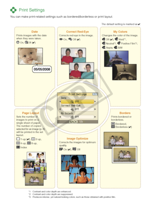 Page 10
10

 Print Settings
You can make print-related settings such as bordered/borderless or print layout.
DatePrints images with the date when they were taken.
 On, Off ()
Correct Red-EyeCorrects red-eye in the image.
 On,  Off ()
My ColorsChanges the color of the image.
 Off (),  Vivid*1,
 Neutral*2,  Positive Film*3,
 Sepia,  B/W
Page LayoutSets the number of images to print on a single sheet of paper. The number of copies selected for an image (p. 8) will be printed in the set layout.
 1-up (),  2-up,...