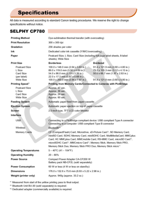 Page 34
3
Specifications
All data is measured according to standard Canon testing procedures. We reserve the right to change 
specifications without notice.
SELPHY CP780
Printing MethodDye-sublimation thermal transfer (with overcoating)
Print Resolution300 x 300 dpi
Gradation256 shades per color
InkDedicated color ink cassette (Y/M/C/overcoating)
PaperPostcard Size, L Size, Card Size (including full page label sheets, 8-label sheets), Wide Size
Print SizeBorderlessBordered
Postcard SizeL SizeCard Size(per...