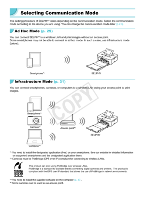 Page 2828
Selecting Communication Mode
The setting procedure of SELPHY varies depending on the communication mode. Select the communication 
mode according to the device you are using. You can change the communication mode later (p. 41).
Ad Hoc Mode (p.  29)
You can connect SELPHY to a wireless LAN and print images without an access point.
Some smartphones may not be able to connect in ad hoc mode. In such a ca\
se, use infrastructure mode 
(below).
Smartphone*1SELPHY
Infrastructure Mode  (p.  31)
You can...