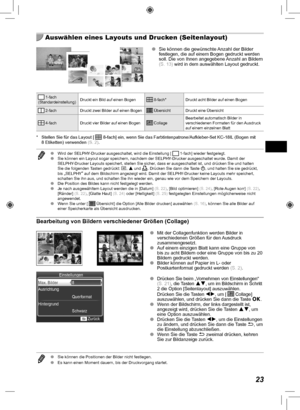 Page 10323
  Auswählen eines Layouts und Drucken (Seitenlayout)
 
O Sie können die gewünschte Anzahl der Bilder 
festlegen, die auf einem Bogen gedruckt werden 
soll. Die von Ihnen angegebene  Anzahl an Bildern 
(S.  13) wird in dem auswählten Layout gedruckt.
 1-fach
(Standardeinstellung) Druckt ein Bild auf einen Bogen 
8-fach*
Druckt acht Bilder auf einen Bogen
 2-fach
Druckt zwei Bilder auf einen Bogen Übersicht
Druckt eine Übersicht
 4-fach
Druckt vier Bilder auf einen Bogen Collage Bearbeitet automatisch...