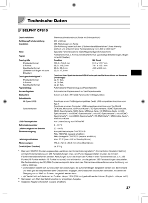 Page 11737
 Technische Daten
SELPHY CP810
DruckverfahrenThermosublimationsdruck (Farbe mit Schutzschicht)
Auflösung/Farbdarstellung 300 x 300 dpi
Gradation 256 Abstufungen pro Farbe
(Die Auflösung basiert auf dem „Flächenintensitätsverfahren“ (\
Area Intensity 
Method) und entspricht einer Farbdarstellung von 4.800 x 4.800 dpi)*
1
TinteSpezielle Farbtintenpatrone (Gelb/Magenta/Zyan/Schutzschicht)
Papier Postkartenformat, L-Format, Kreditkartenformat (ganzseitige Etikettenbo\
gen, Bogen 
mit acht Etiketten)...