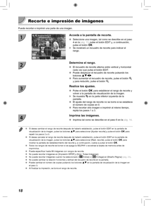 Page 13818
 Recorte e impresión de imágenes
Puede recortar e imprimir una parte de una imagen.
Acceda a la pantalla de recorte.
 
O Seleccione una imagen, tal como se describe en el paso 
4 en la pág.  13, pulse el botón EDIT y, a continuación, 
pulse el botón  o.
 
X Se mostrará un recuadro de recorte para indicar el 
rango.
Determine el rango.
 
O El recuadro de recorte alterna entre vertical y horizontal 
cada vez que pulsa el botón EDIT.
 
O Puede desplazar el recuadro de recorte pulsando los 
botones udlr....