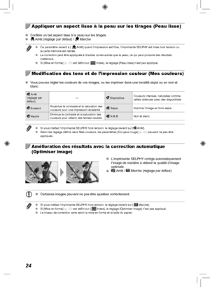 Page 18424
  Appliquer un aspect lisse à la peau sur les tirages (Peau lisse)
 
O Confère un bel aspect lisse à la peau sur les tirages.
 
O Arrêt (réglage par défaut) /  Marche
 
O Ce paramètre revient à [  Arrêt] quand l’impression est finie, l’imprimante SELPHY est mise hors tension ou 
la carte mémoire est retirée.
 
O La correction peut être appliquée à d’autres zones autres qu\
e la peau, ce qui peut produire des résultats 
inattendus.
 
O Si [Mise en forme] (p.  23) est défini sur [
 Index], le réglage...