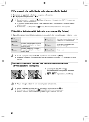 Page 22424
  Far apparire la pelle liscia nelle stampe (Pelle liscia)
 
O Consente di far apparire la pelle liscia e omogenea nelle stampe.
 
O Off (impostazione predefinita) /  On
 
O Questa impostazione è regolata su [  Off] quando il processo di stampa termina, SELPHY viene spenta o 
la scheda di memoria viene rimossa.
 
O La correzione potrebbe venire applicata in aree diverse dalla pelle e di\
 conseguenza si potrebbero ottenere 
effetti imprevisti.
 
O Se [Anteprima] (p.  23) è impostato su [ 
 Indice],...