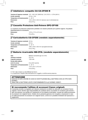 Page 23838
Adattatore compatto CA CA-CP200 B
Tensione di ingresso nominale  100 – 240 V AC (50/60 Hz) 1,5 A (100 V) – 0,75 A (240 V)
Uscita nominale  24 Vcc, 1,8 A
Temperature di funzionamento  0 – 45 °C
Dimensioni  122,0 x 60,0 x 30,5 mm (escluso cavo di alimentazione)
Peso  Circa 310 g
Cassetto Protezione Anti-Polvere DPC-CP100
La copertura di protezione antipolvere potrebbe non essere presente per \
qualche ragione. Acquistare 
separatamente se necessario.
Dimensioni 137,5 x 117,0 x 27,2 mm 
Peso  Circa 88 g...