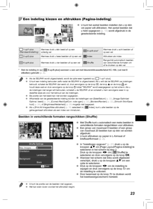 Page 26323
  Een indeling kiezen en afdrukken (Pagina-indeling)
 
O U kunt het aantal beelden instellen dat u op één 
vel papier wilt afdrukken. Het aantal beelden dat 
u hebt opgegeven  (p.  13) wordt afgedrukt in de 
geselecteerde indeling.
 1-up/1-plus
(Standaardinstelling) Hiermee drukt u één beeld af op een 
volledig vel 
8-up/8-plus* Hiermee drukt u acht beelden af 
op een vel
 
2-up/2-plus
Hiermee drukt u twee beelden af op een vel Index
Afdrukken als index
 4-up/4-plus
Hiermee drukt u vier beelden af op...