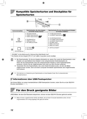 Page 9212
 Kompatible Speicherkarten und Steckplätze für 
Speicherkarten
KartensteckplätzeSpeicherkarten, die ohne Adapter 
verwendet werden könnenSpeicherkarten für eine Verwendung mit Adapter  (im Handel erhältlich)
SD/MMC+
 
OSD-Speicherkarte 
O SDHC-Speicherkarte
 
O SDXC-Speicherkarte 
 
O MultiMediaCard
 
O MMCplus-Karte
 
O HC MMCplus-Karte  
O miniSD-Speicherkarte
 
O miniSDHC-Speicherkarte  
OmicroSD-Speicherkarte 
OmicroSDHC-Speicherkarte 
OmicroSDXC-Speicherkarte 
ORS-MMC-Karte*1 
OMMCmobile-Karte 
O...