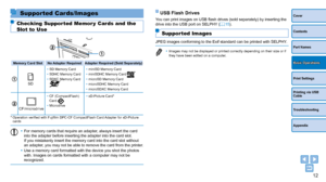 Page 1212
Cover
Contents
Part Names
Print Settings
Printing via USB 
Cable
Troubleshooting
Appendix
Basic Operations
Supported Cards/Images
Checking Supported Memor y Cards and the 
Slot to Use
Memory Card SlotNo Adapter Required Adapter Required (Sold Separately)
SD
• SD Memory Card
• SDHC Memory Card
• SDXC Memory Card 
• miniSD Memory Card
• miniSDHC Memory Card • microSD Memory Card
• microSDHC Memory Card
• microSDXC Memory Card
C F/microdrive
• CF (CompactFlash) 
Card 
• Microdrive •
 xD-Picture Card*
*...
