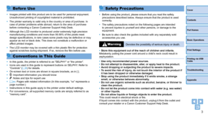 Page 33
Cover
Contents
Part Names
Basic Operations
Print Settings
Printing via USB 
Cable
Troubleshooting
Appendix
Safety Precautions
•	Before using the product, please ensure that you read the safety 
precautions described below. Always ensure that the product is used 
correctly.
•	 The safety precautions noted on the following pages are intended 
to prevent injuries to yourself and other persons, or damage to the 
equipment.
•	 Be sure to also check the guides included with any separately sold 
accessories...