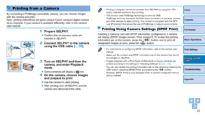 Page 3232
Cover
Contents
Part Names
Basic Operations
Print Settings
Troubleshooting
Appendix
Printing via USB Cable
Printing from a Camera
By connecting a PictBridge-compatible camera, you can choose images 
with the camera and print.
Here, printing instructions are given using a Canon compact digital camera 
as an example. If your camera is operated differently, refer to the camera 
user manual.
1 Prepare SELPHY.
zzConfirm that no memory cards are 
inserted in SELPHY.
2 Connect SELPHY to the camera 
using the...