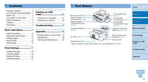 Page 5Package Contents .........................2
Ink and Paper (Sold Separately)
 .... 2
Before Use
 ..................................... 3
Conventions in This Guide
 ............. 3
Safety Precautions
 ......................... 3
Contents.....

.................................... 5
Part Names
 .................................... 5
Basic Operations .............7
Initial Preparations ......................... 8
Supported Cards/Images
 ............. 12
Printing Images
 ............................ 13...