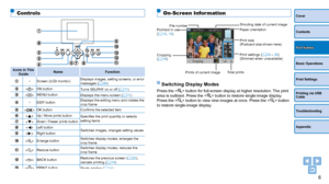 Page 66
Cover
Contents
Basic Operations
Print Settings
Printing via USB 
Cable
Troubleshooting
Appendix
Part Names
On-Screen Information
File numberPrint settings (=
  23 – 28)
(Dimmed when unavailable)
Total prints
Prints of current image
Port/slot in use  
(=
  12, 15)
Cropping 
(=
  19) Paper orientation Shooting date of current image
Print size
(Postcard size shown here)
Switching Display Modes
Press the  button for full-screen display at higher resolution. The print 
area is outlined. Press the <
->...