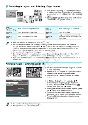 Page 2222
Selecting a Layout and Printing (Page Layout)
 OYou can set the number of images that you want 
to print on one sheet. The number of images that 
you specified  (p. 
 13) will be printed in the selected 
layout.
 O Specify [  8-up] when using Color Ink Cassette/
Label Set KC-18IL (8-label sheet)  (p.  2).
 1-up
(Default setting) Prints one image using a full sheet 8-up
Prints eight images on one sheet
 2-upPrints two images on one sheet Index Prints as an index
 4-upPrints four images on one sheet...