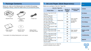 Page 2Package Contents
Before use, make sure the following items are included in the package.
If anything is missing, contact the retailer where you purchased the pri\
nter.
□ SELPHY Printer □ Compact Power Adapter
CA-CP200 B □ Power Cord
□ Paper Cassette  
PCP-CP400 □ SELPHY CP910 
Solution Disk □ Getting Started
□ Wi-Fi Basic Guide*
*
   Incorporated in the  Getting Started guide in some regions.
2
Contents
Part Names
Basic Operations
Print Settings
Printing via USB 
Cable
Troubleshooting
Appendix
Printing...