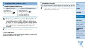 Page 1313
Cover
Contents
Part Names
Print Settings
Printing via USB 
Cable
Troubleshooting
Appendix
Printing via Wi-Fi
Basic Operations
Supported Cards/Images
Supported Memor y Cards
No Adapter RequiredAdapter Required (Sold Separately)
•
 SD Memory Card
• SDHC Memory Card
• SDXC Memory Card 
• miniSD Memory Card
• miniSDHC Memory Card • microSD Memory Card
• microSDHC Memory Card
• microSDXC Memory Card
•	 For memory cards that require an adapter, always insert the card 
into the adapter before inserting the...