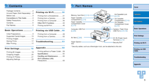 Page 5Package Contents .........................2
Ink and Paper (Sold Separately)
 .... 2
Before Use
 ..................................... 3
Conventions in This Guide
 ............. 3
Safety Precautions
 ......................... 3
Contents.....

.................................... 5
Part Names
 .................................... 5
Basic Operations .............7
Initial Preparations ......................... 8
Supported Cards/Images
 ............. 13
Printing Images
 ............................ 14...
