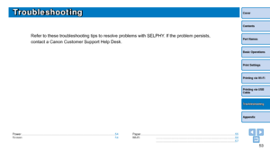 Page 5353
Cover
Contents
Part Names
Basic Operations
Print Settings
Printing via USB 
Cable
Appendix
Printing via Wi-Fi
Troubleshooting
Troubleshooting
Refer to these troubleshooting tips to resolve problems with SELPHY. If the problem persists, 
contact a Canon Customer Support Help Desk.
Power ........................................................................\
...................................... 54
Screen ........................................................................\...