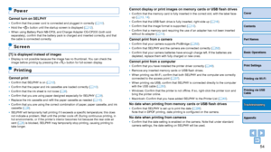 Page 5454
Cover
Contents
Part Names
Basic Operations
Print Settings
Printing via USB 
Cable
Appendix
Printing via Wi-Fi
Troubleshooting
Power
Cannot turn on SELPHY•	Confirm that the power cord is connected and plugged in correctly ( =  10).
•	 Hold the  button until the startup screen is displayed ( =  12).
•	 When using Battery Pack NB-CP2L and Charger Adapter CG-CP200 (both sold 
separately), confirm that the battery pack is charged and inserted correctly , and that 
the cable is connected correctly.
Screen...