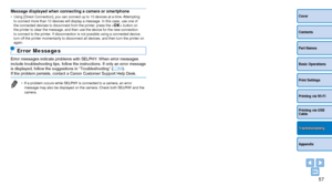Page 5757
Cover
Contents
Part Names
Basic Operations
Print Settings
Printing via USB 
Cable
Appendix
Printing via Wi-Fi
Troubleshooting
Message displayed when connecting a camera or smartphone•	Using [Direct Connection], you can connect up to 10 devices at a time. Attempting 
to connect more than 10 devices will display a message. In this case, us\
e one of 
the connected devices to disconnect from the printer, press the  button on 
the printer to clear the message, and then use the device for the new co\...